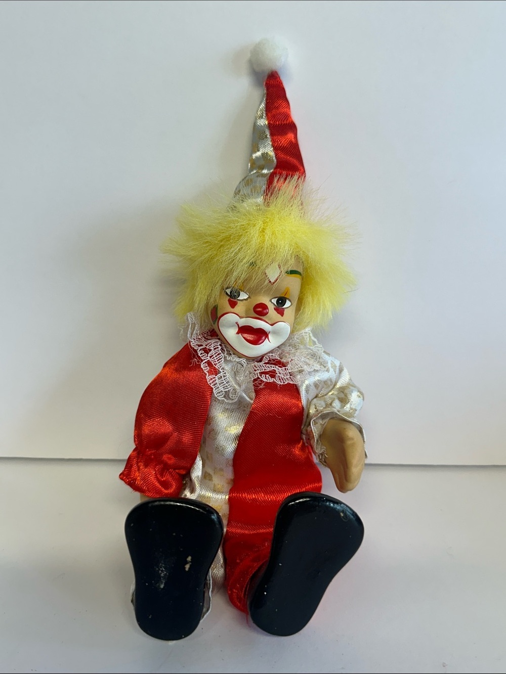 Vintage Red and White Clown Doll with Yellow Hair